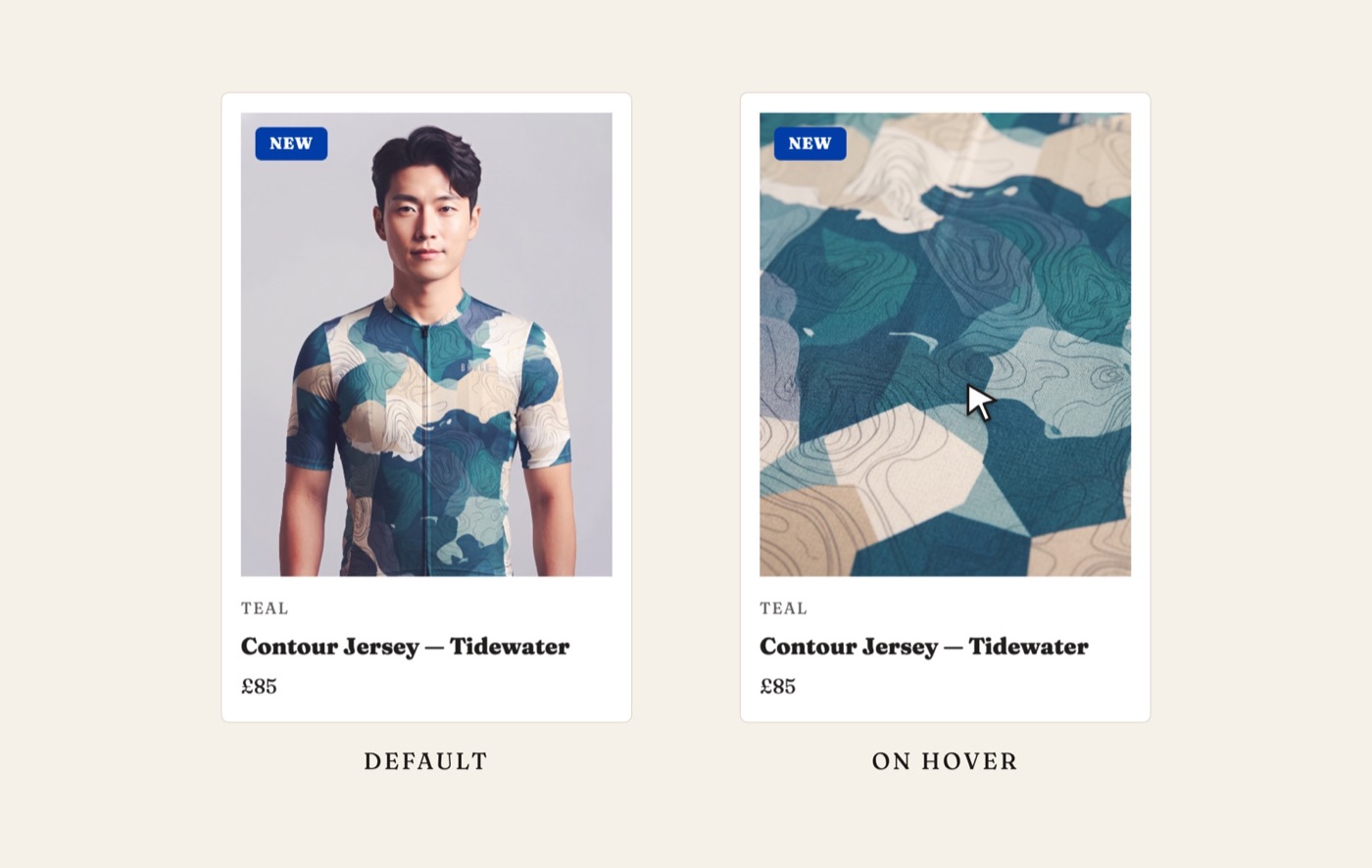 A Bridge product card, before and on hover: on hover the jersey photo swaps to a close-up of the fabric.