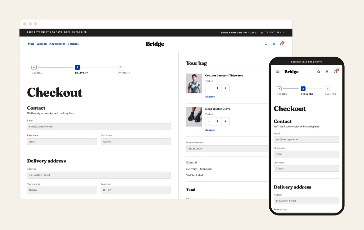 Bridge checkout on desktop and phone: contact and delivery details beside the bag summary.