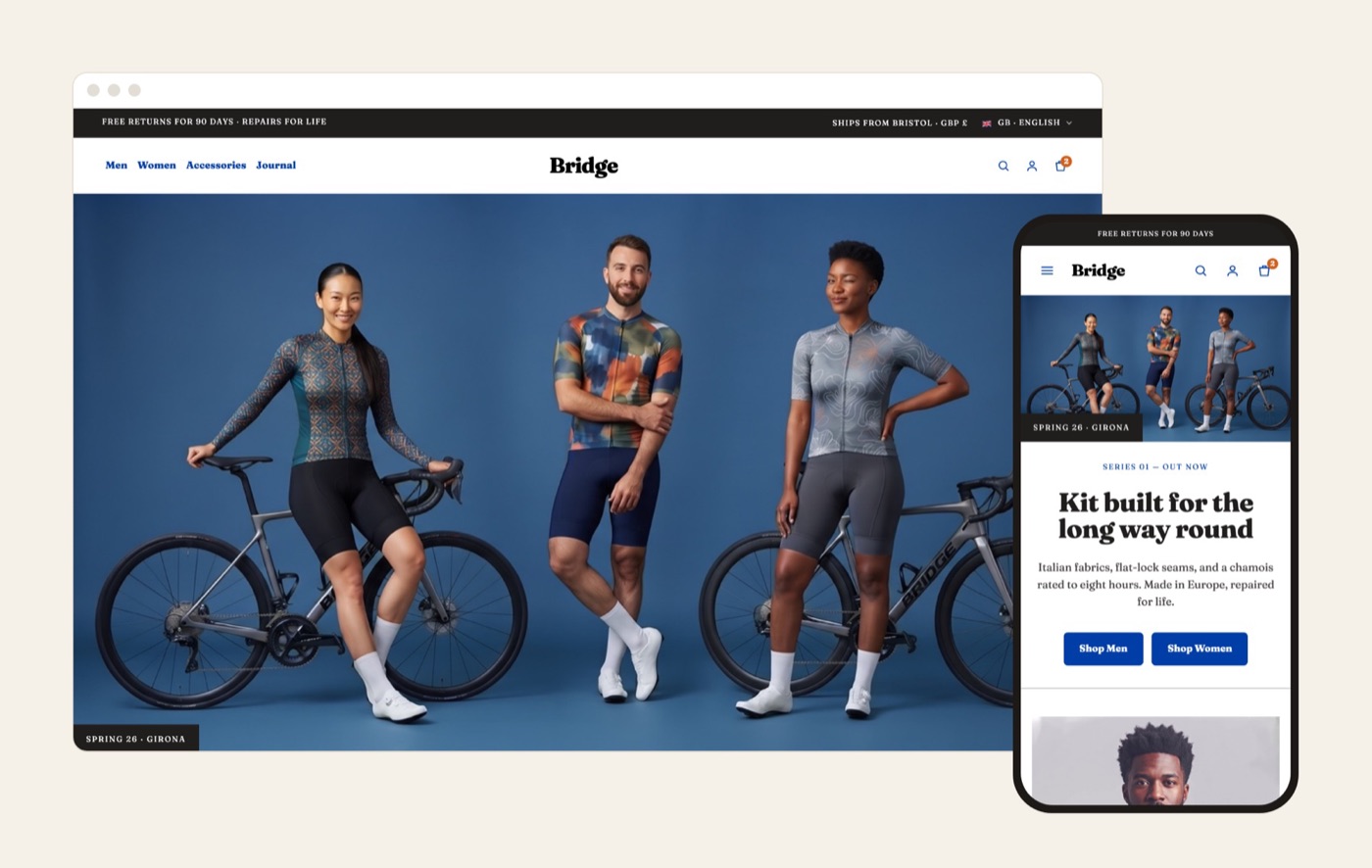 Bridge home page on desktop and phone: three riders in Bridge kit against a blue backdrop.