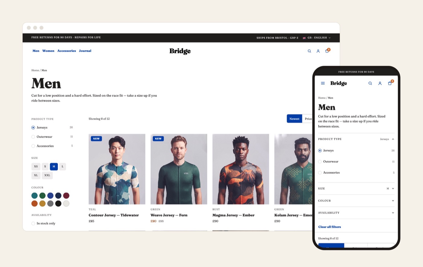 Bridge men's listing on desktop and phone: filters for type, size and colour beside a grid of jerseys.