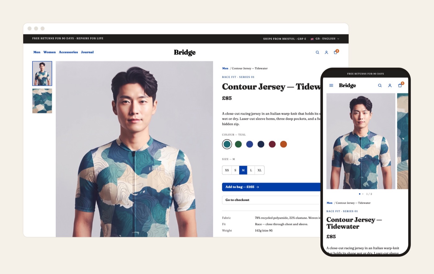 Bridge product page for the Contour Jersey in Tidewater, on desktop and phone.