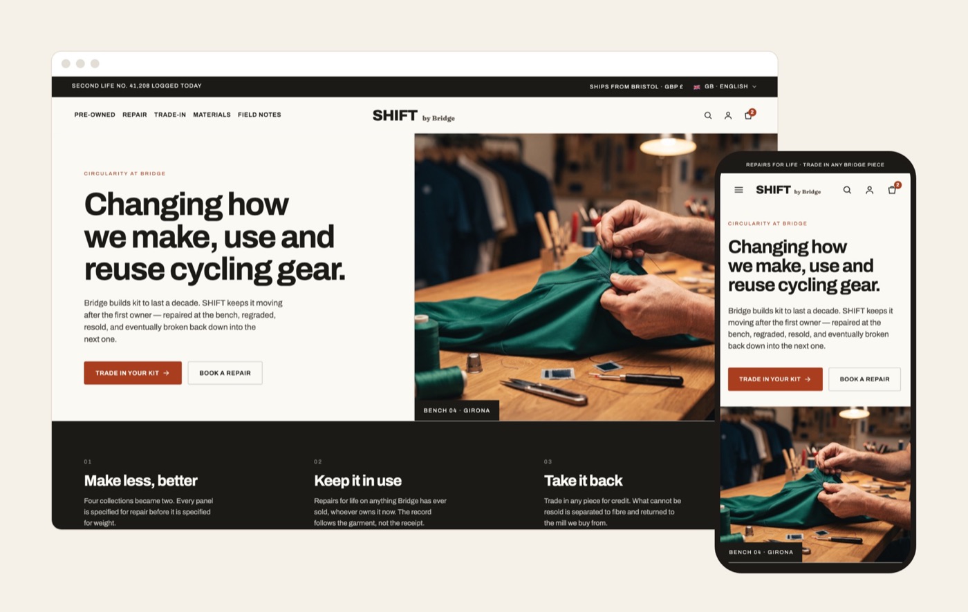 SHIFT by Bridge, the second-life brand: its home page on desktop and phone, in rust red with a plain sans-serif typeface.