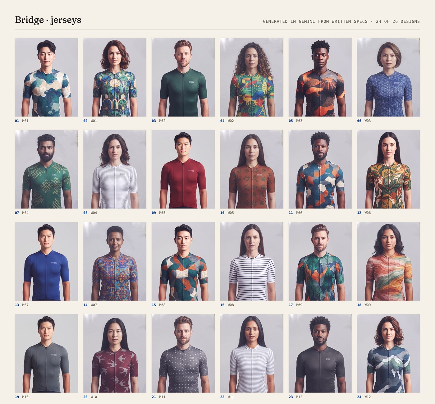 A contact sheet of 24 Bridge jerseys generated in Gemini from written specs, each worn by a model in the same studio light: camouflage, art deco, botanical, geometric, stripes and plain colours.