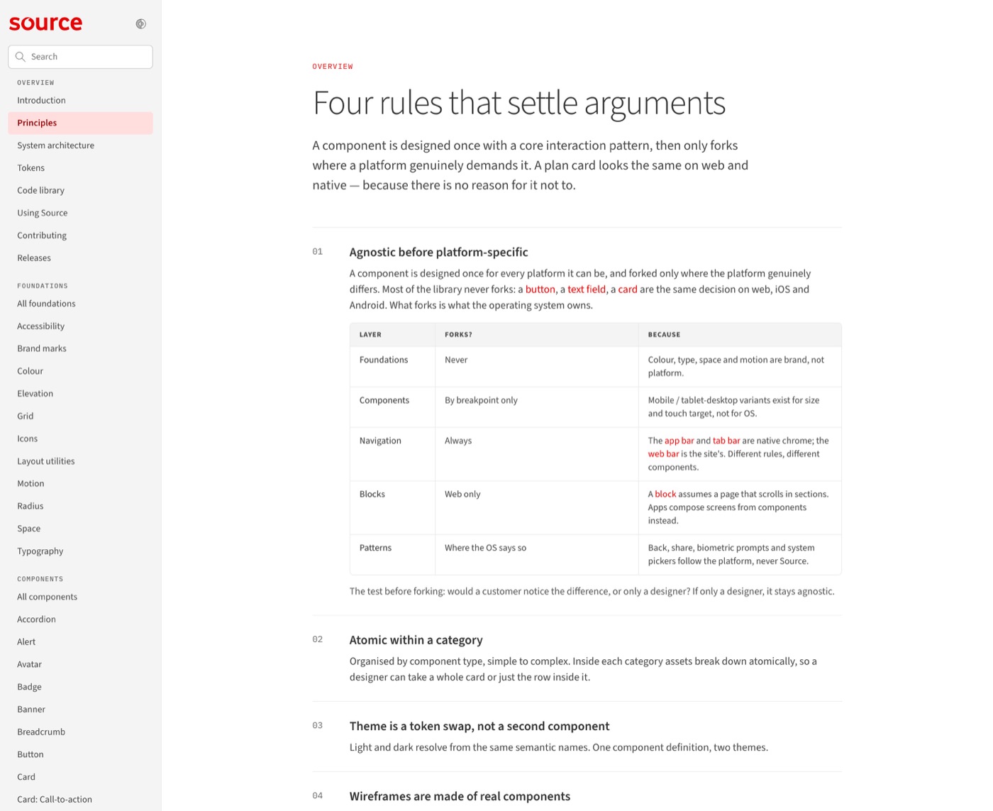 Source documentation, principles: four rules that settle arguments, starting with agnostic before platform-specific.