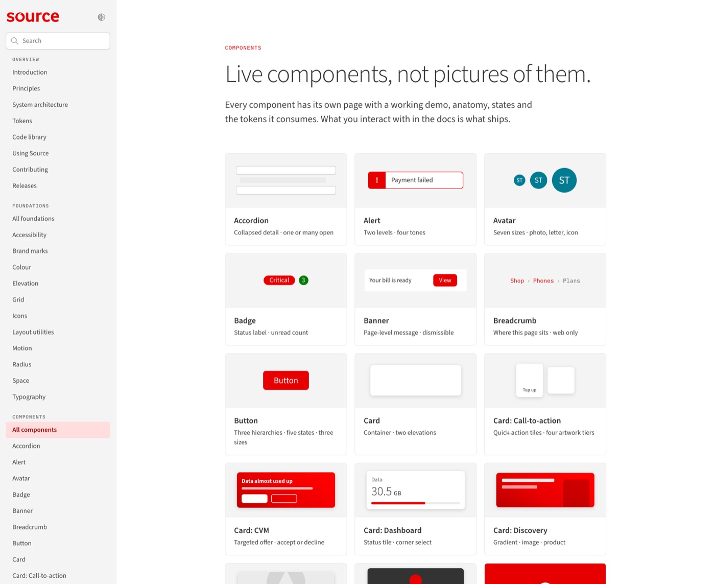 Source documentation, all components: live components with their variants, not pictures of them.