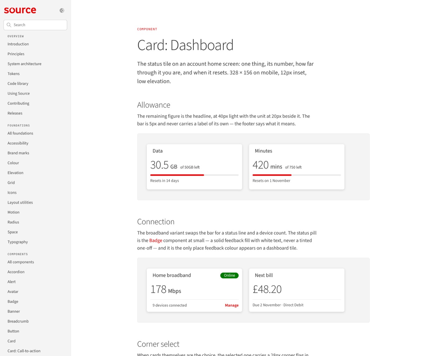 Source documentation, the dashboard card: allowance and connection variants.