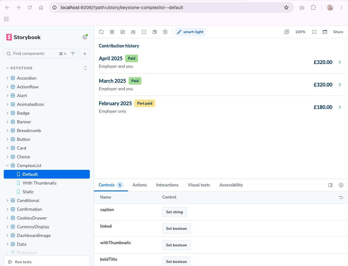 Storybook running the Keystone design system: the ComplexList component showing a contribution history, with its controls panel open.