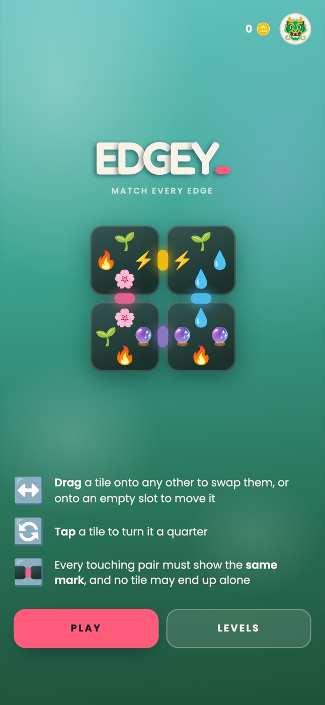Edgey home screen: the logo above a four-tile puzzle that solves itself, with the three rules.