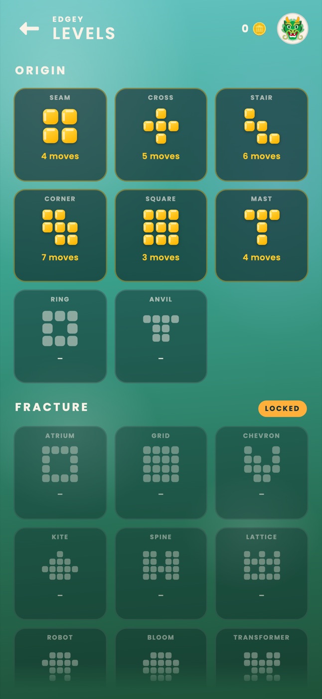 The levels screen, showing the shapes of locked packs.