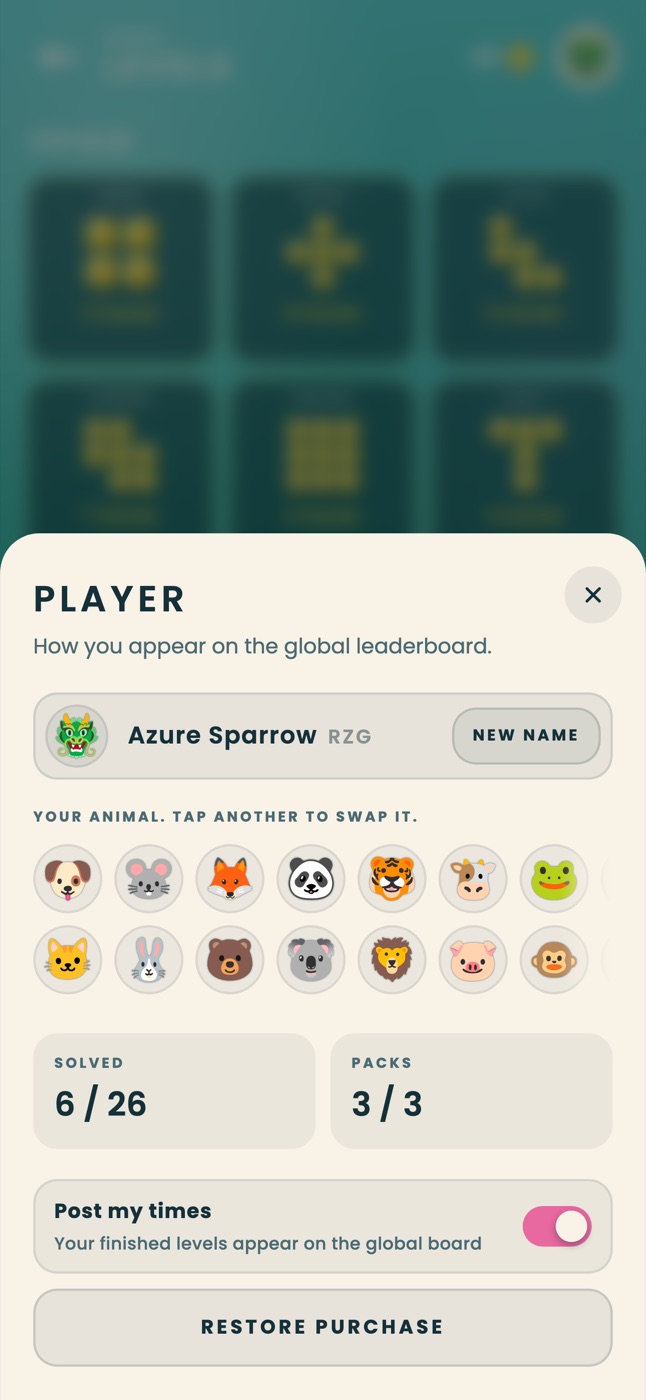 The player screen: choose one of fifty-six animals and reroll your name.