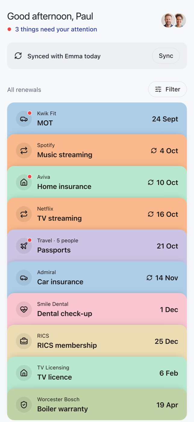 Kavvi home screen: renewal cards sorted by due date, each in its own colour.