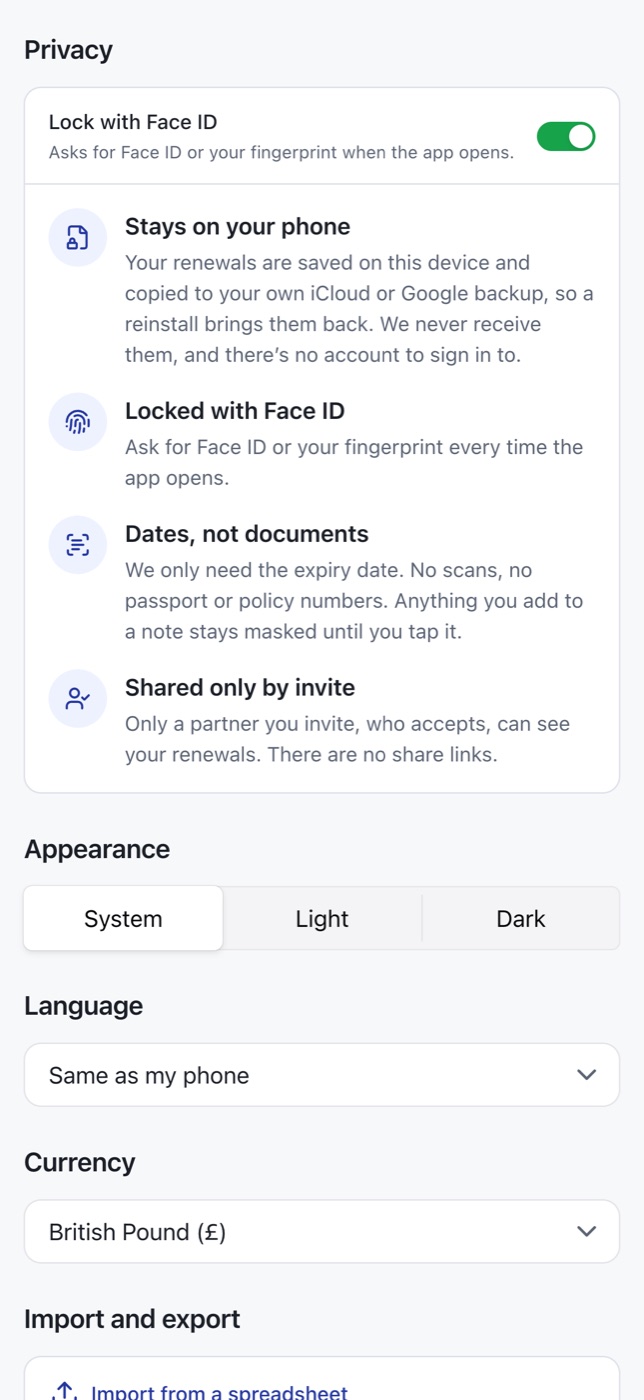 The privacy settings: stays on your phone, locked with Face ID, backups to your own account.