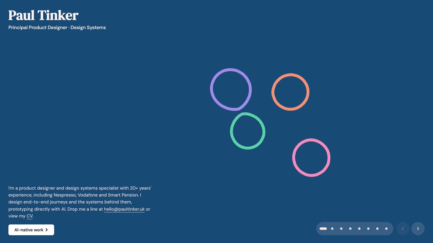 Portfolio homepage, opening slide: Paul Tinker, Principal Product Designer, with animated 3D rings.
