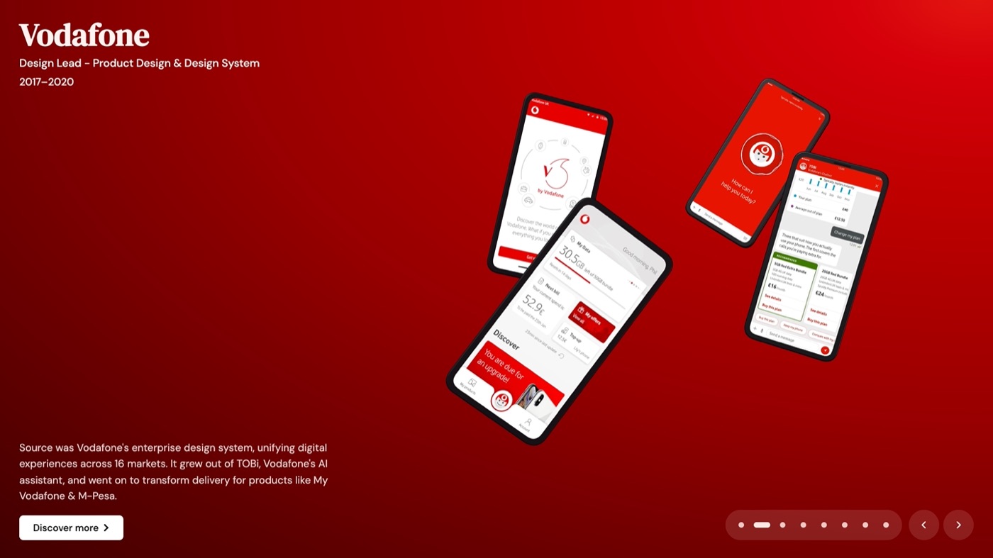 Portfolio homepage, Vodafone slide: phones showing the Source design system in red.