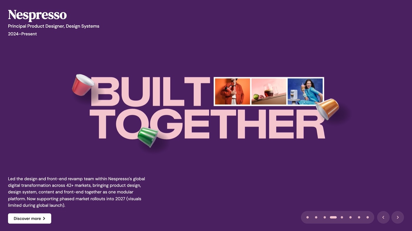 Portfolio homepage, Nespresso slide: Built Together lettering with floating coffee capsules.