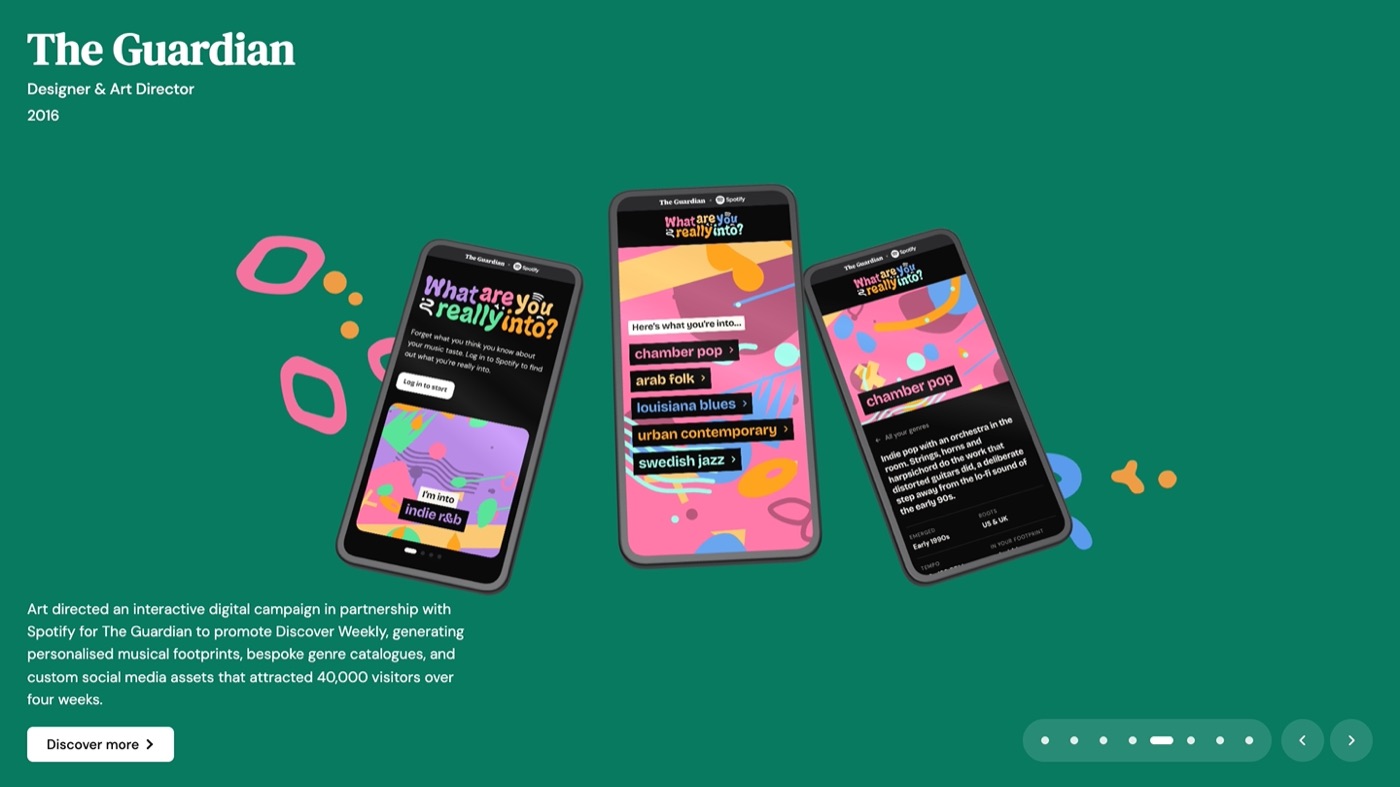 Portfolio homepage, The Guardian slide: three phones from the Spotify music-taste campaign.