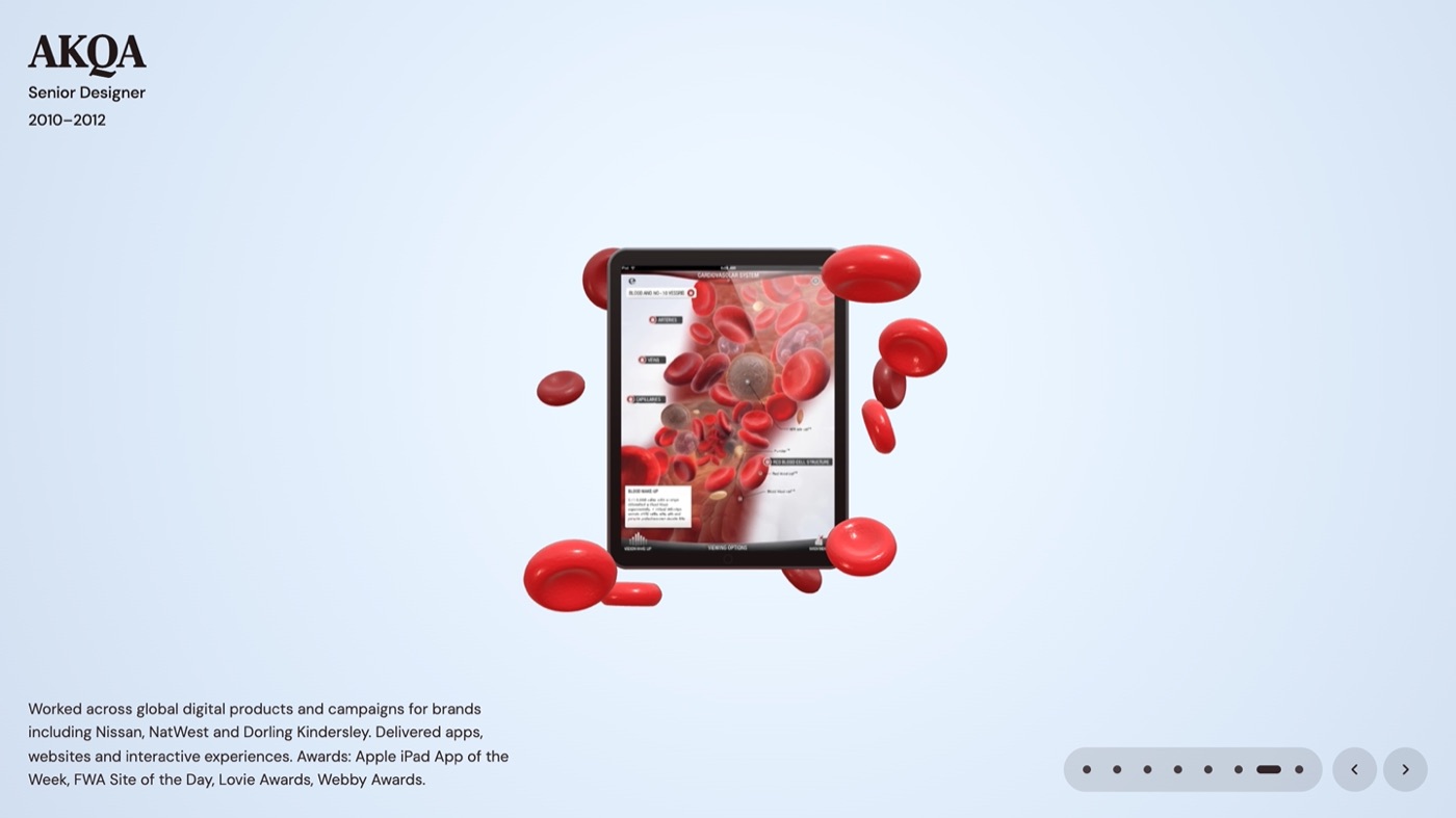 Portfolio homepage, AKQA slide: a tablet surrounded by floating red blood cells.