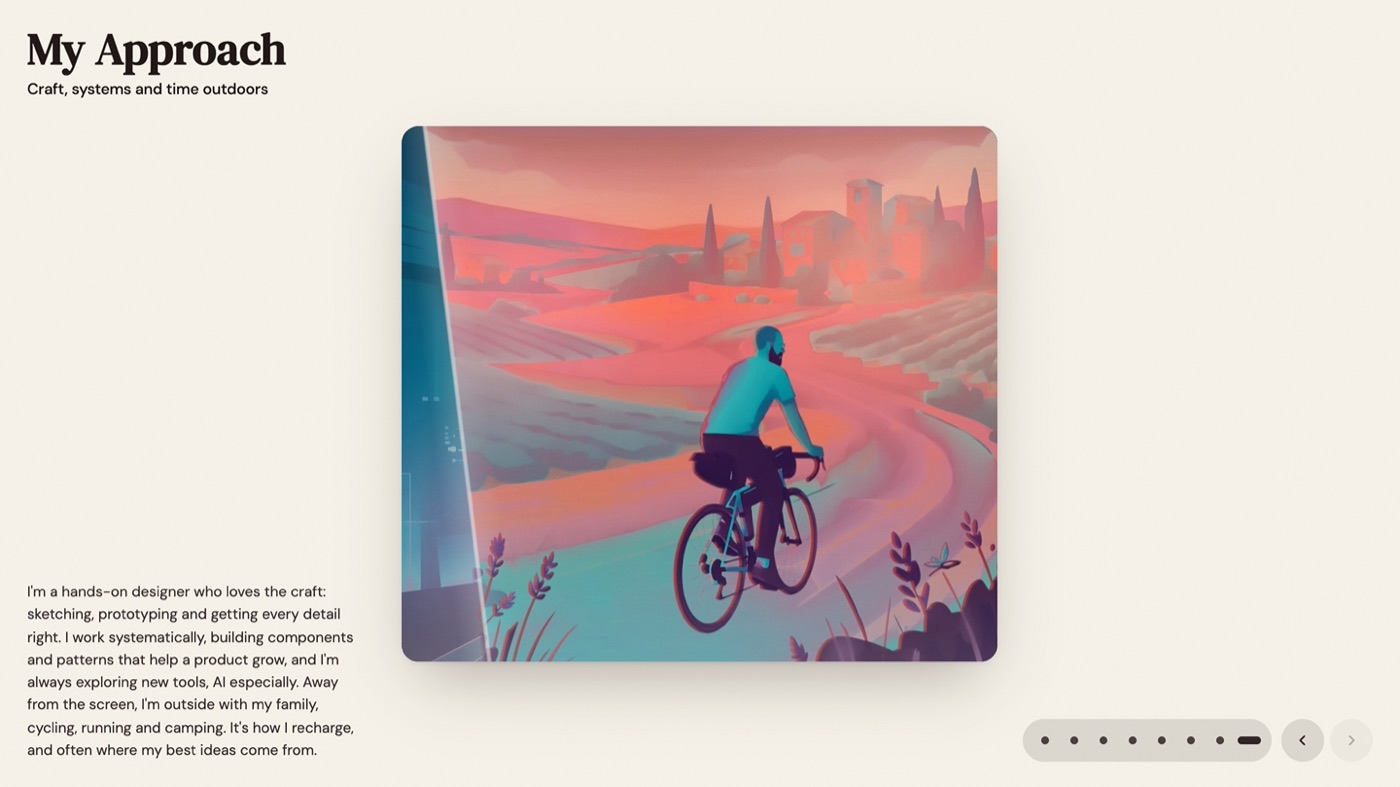 Portfolio homepage, My Approach slide: an illustration of a cyclist on a country road.